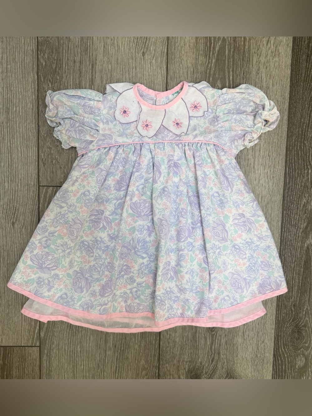 TINY TOTS VINTAGE 90S SHORT PUFF SLEEVE PASTEL FLORAL DRESS PETER PAN COLLAR 24M